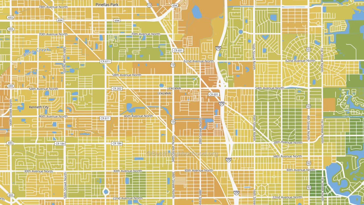 Map of the best neighborhoods in the 33714 area, with better matches in green and worse matches in red