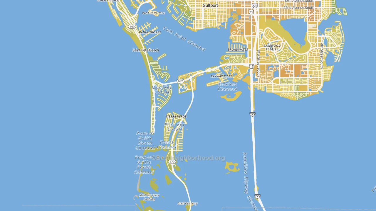 Map of the best neighborhoods in the 33715 area, with better matches in green and worse matches in red