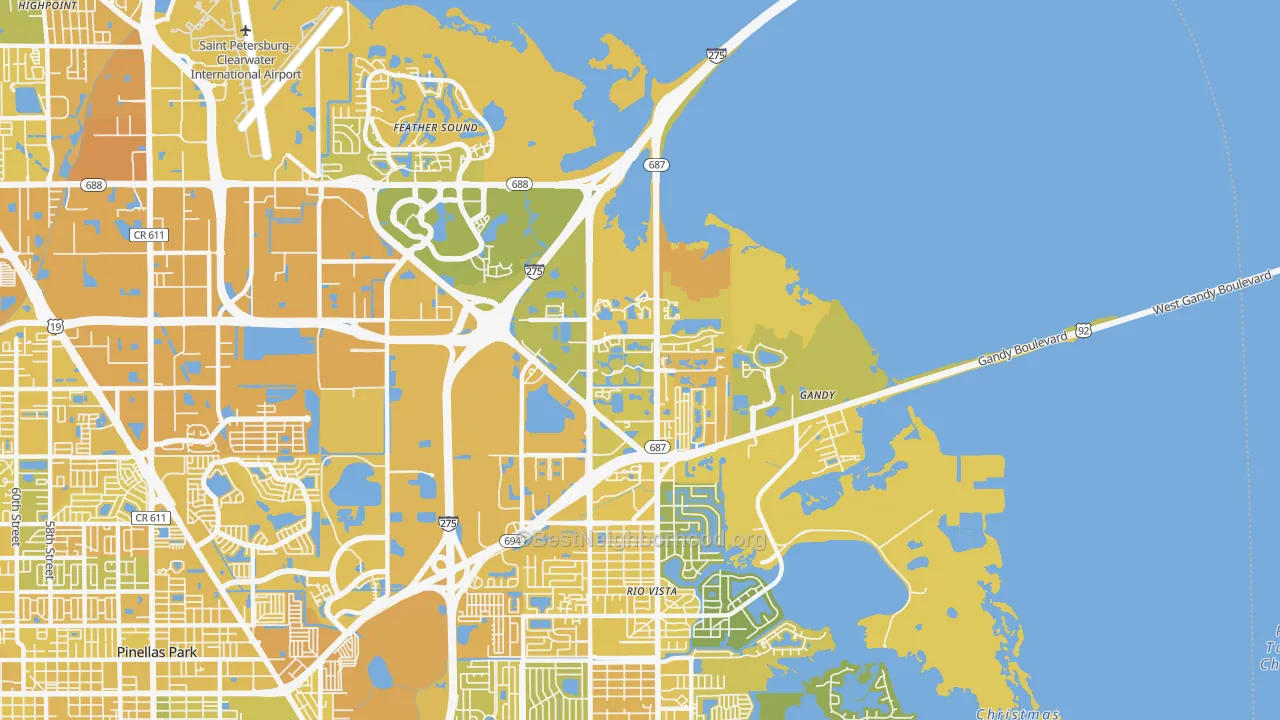 Map of the best neighborhoods in the 33716 area, with better matches in green and worse matches in red