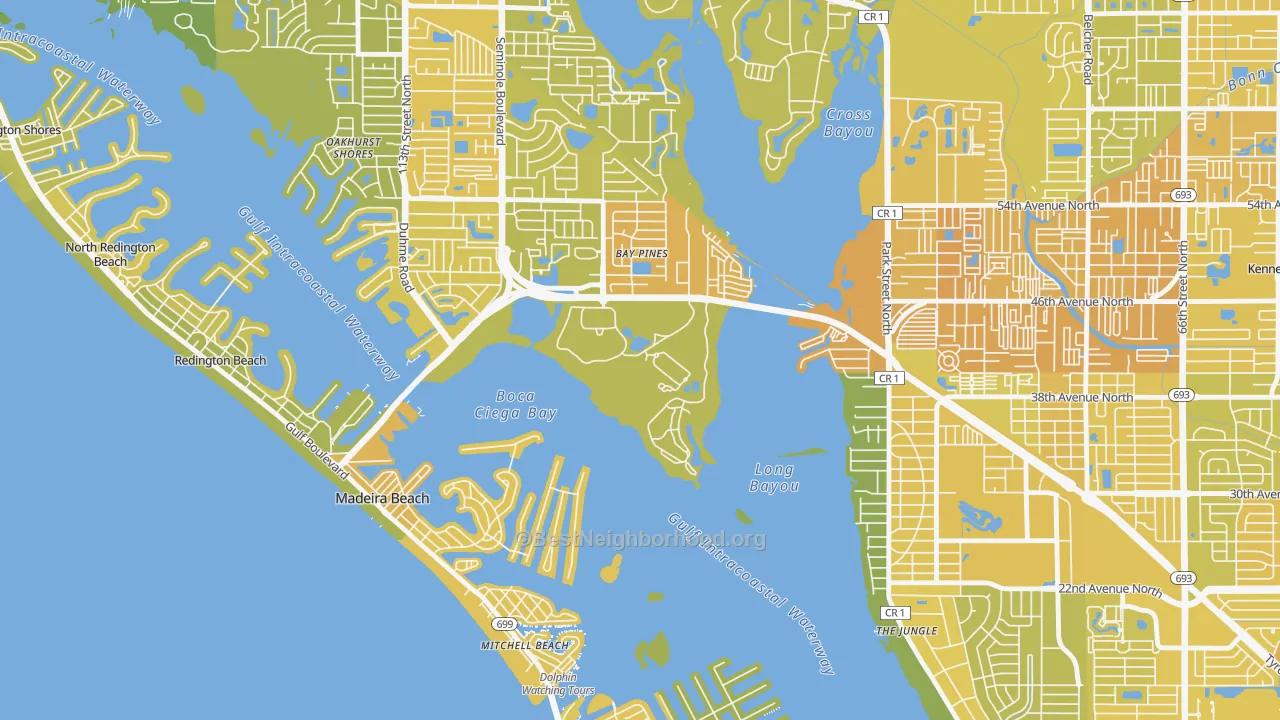 Map of the best neighborhoods in the 33744 area, with better matches in green and worse matches in red