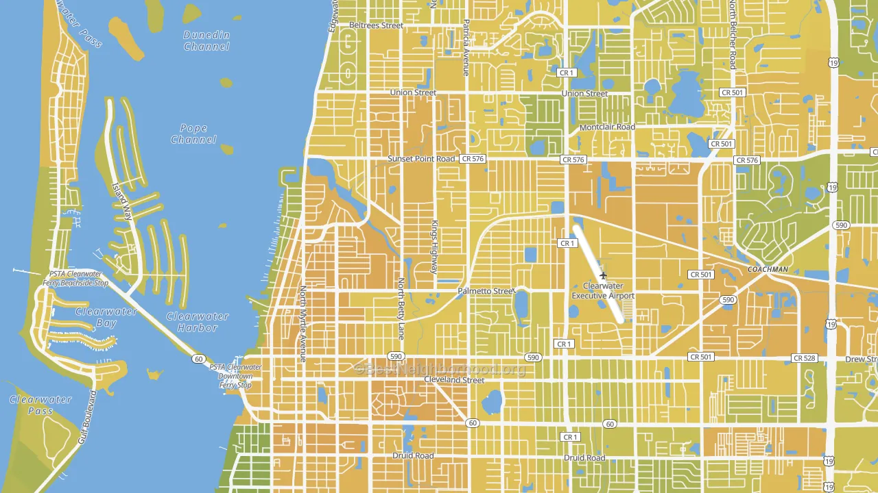 Map of the best neighborhoods in the 33755 area, with better matches in green and worse matches in red