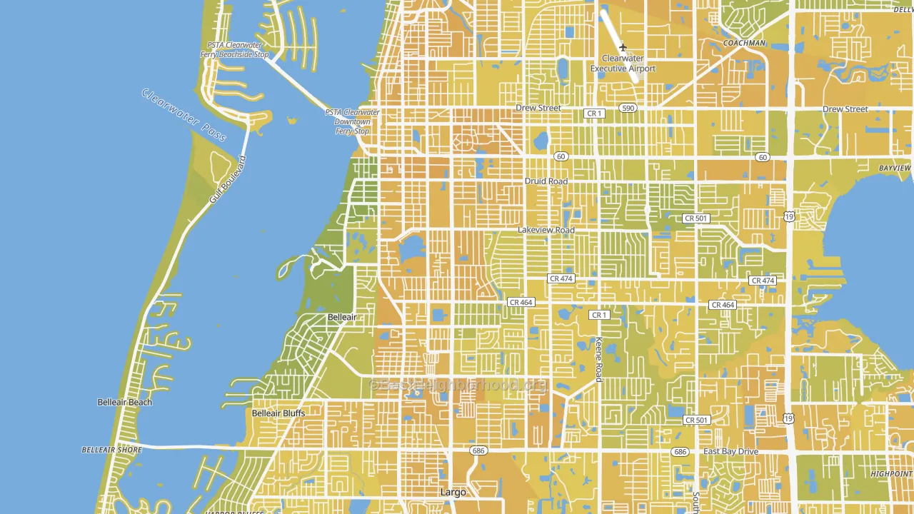 Map of the best neighborhoods in the 33756 area, with better matches in green and worse matches in red