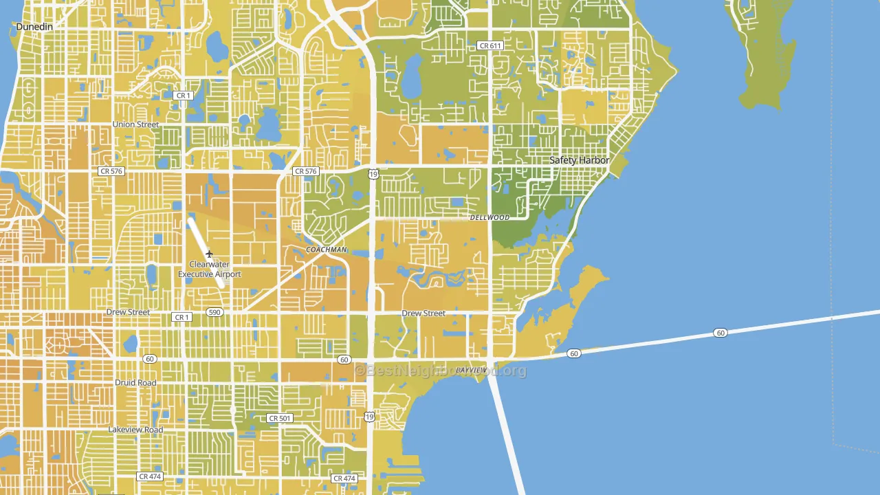 Map of the best neighborhoods in the 33759 area, with better matches in green and worse matches in red