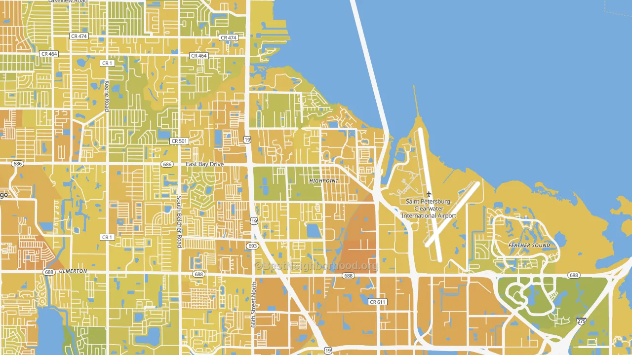 Map of the best neighborhoods in the 33760 area, with better matches in green and worse matches in red