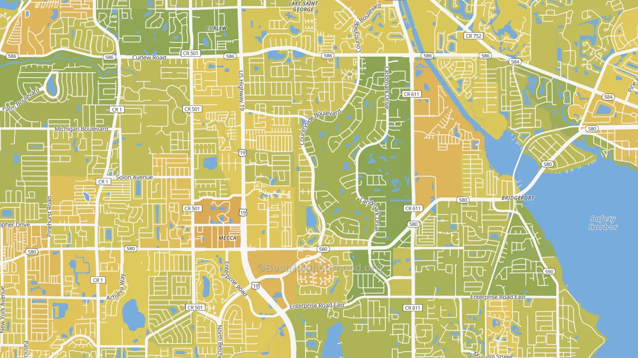Map of the best neighborhoods in the 33761 area, with better matches in green and worse matches in red