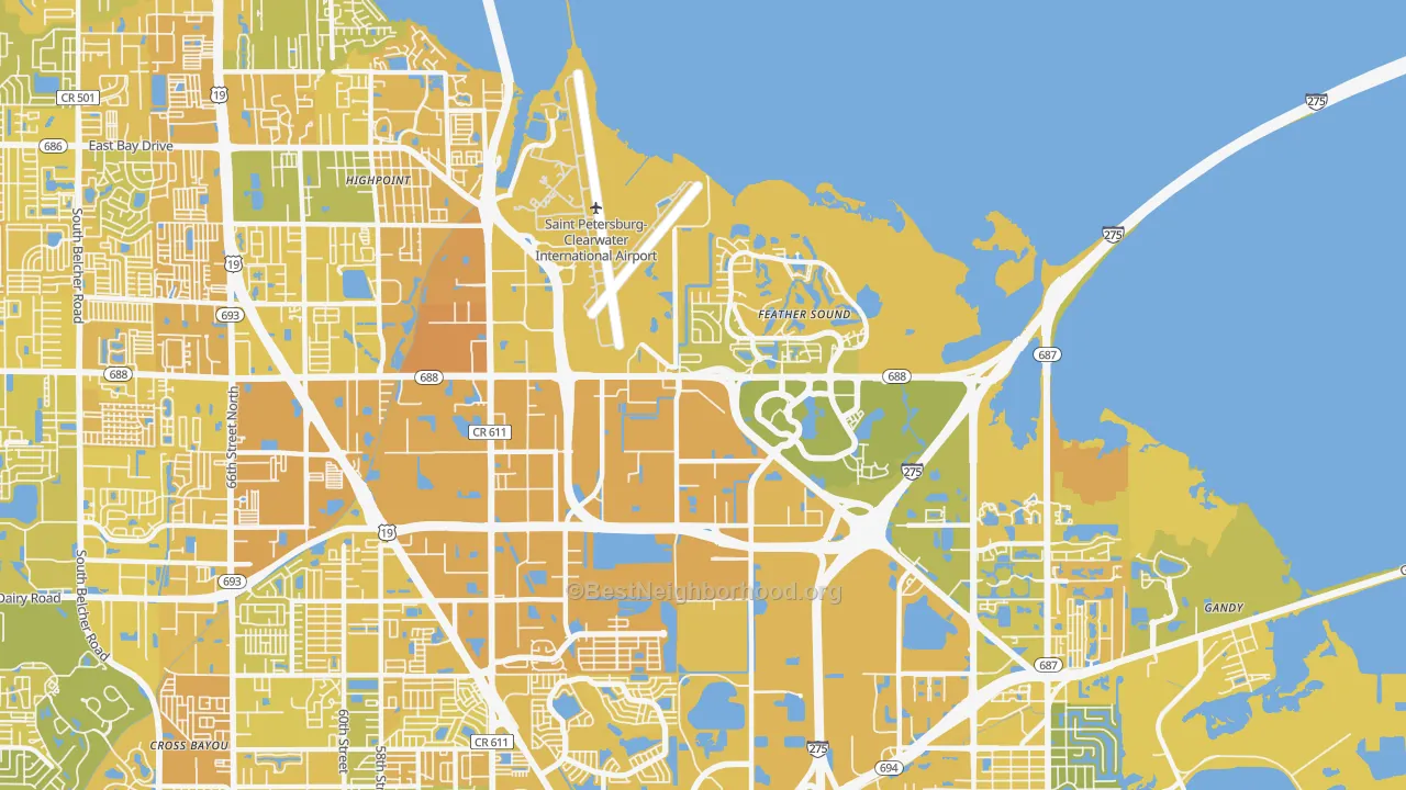 Map of the best neighborhoods in the 33762 area, with better matches in green and worse matches in red