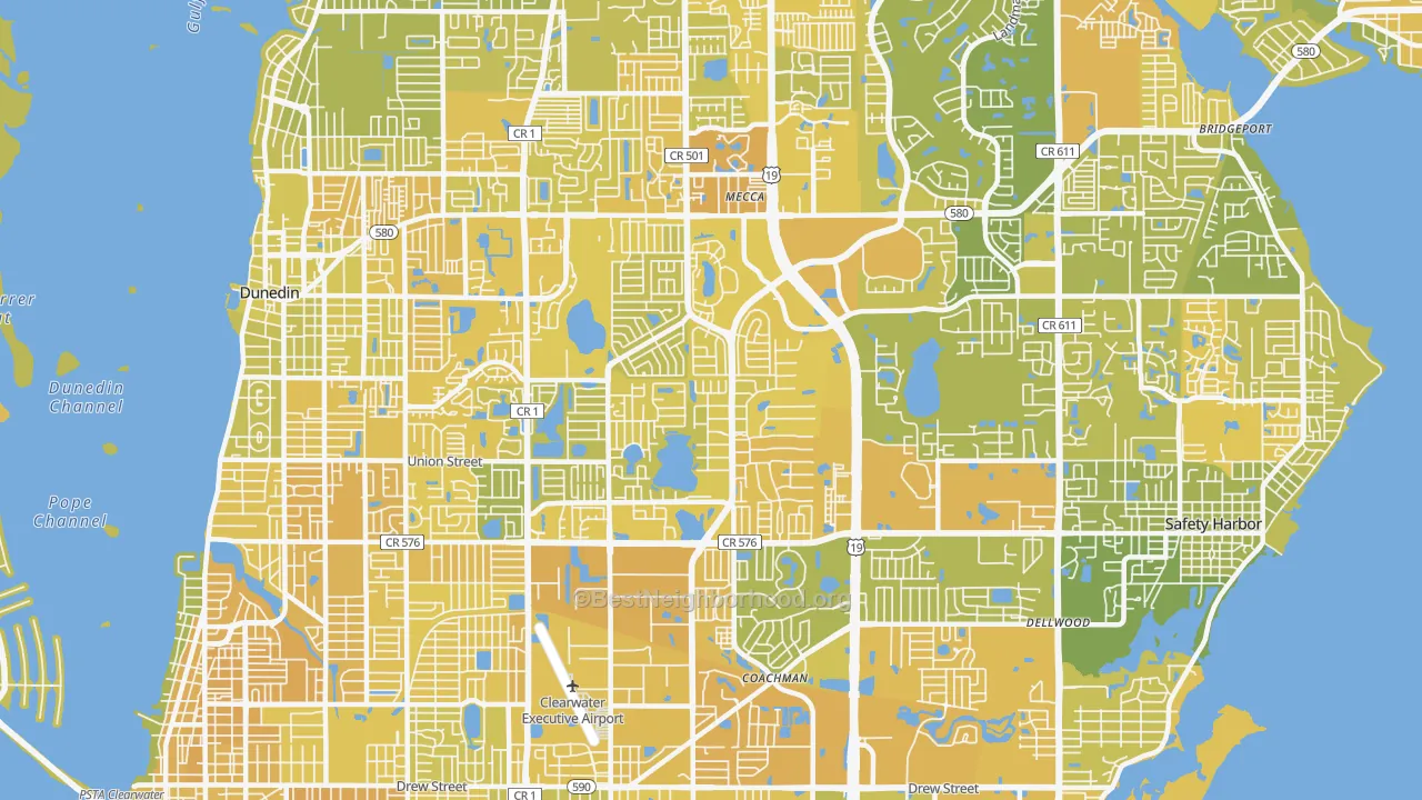 Map of the best neighborhoods in the 33763 area, with better matches in green and worse matches in red