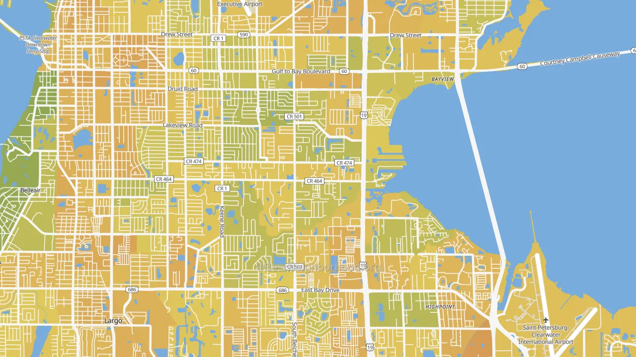 Map of the best neighborhoods in the 33764 area, with better matches in green and worse matches in red