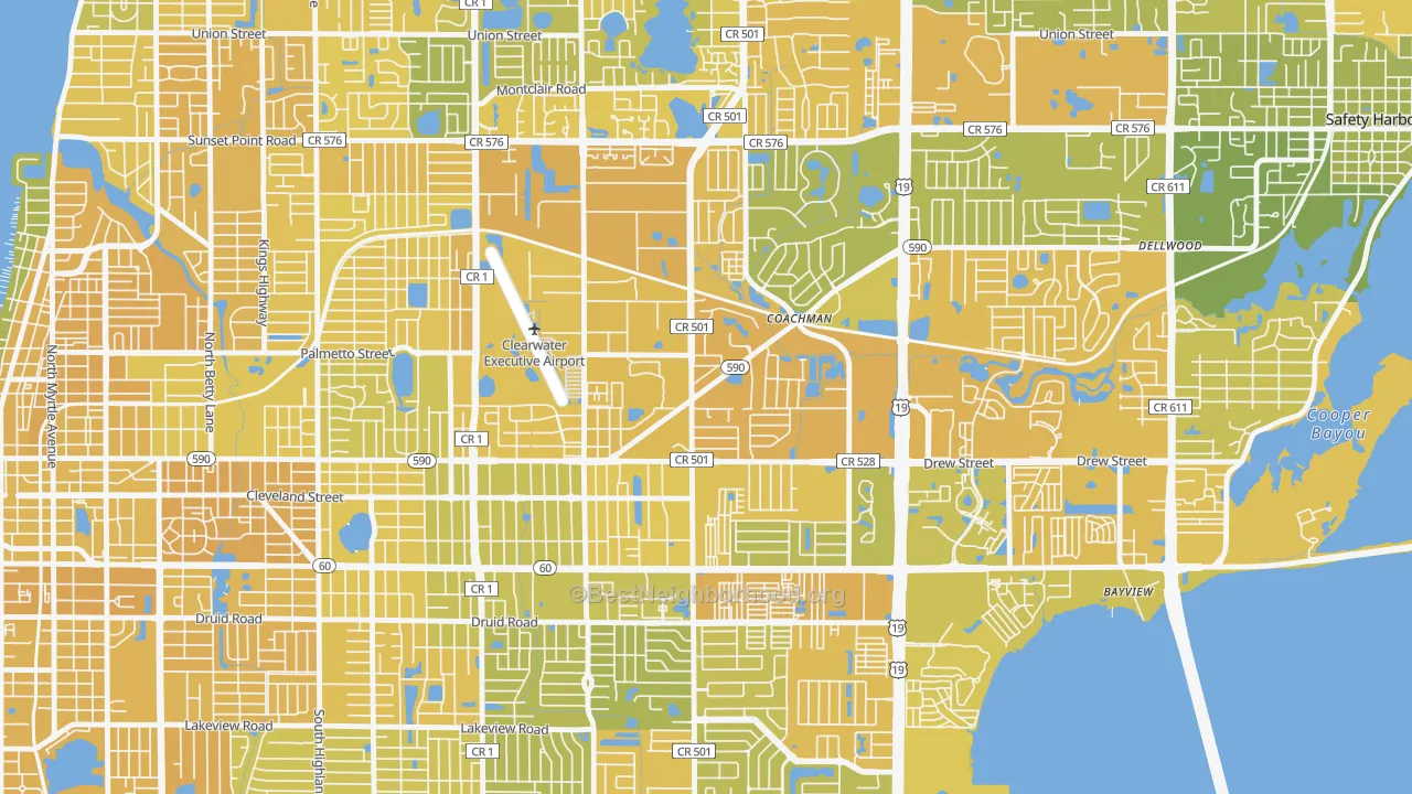 Map of the best neighborhoods in the 33765 area, with better matches in green and worse matches in red