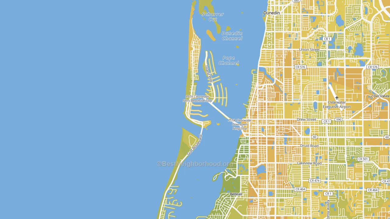 Map of the best neighborhoods in the 33767 area, with better matches in green and worse matches in red