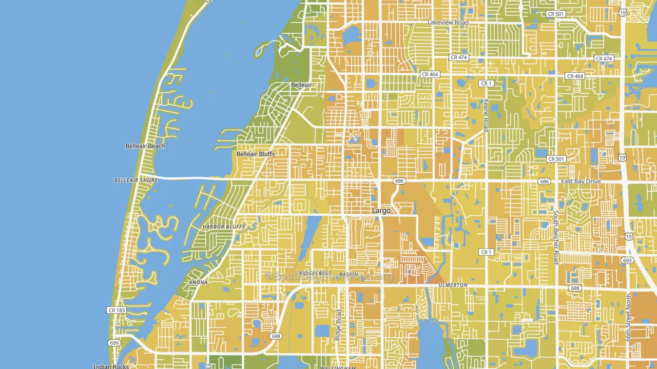 Map of the best neighborhoods in the 33770 area, with better matches in green and worse matches in red