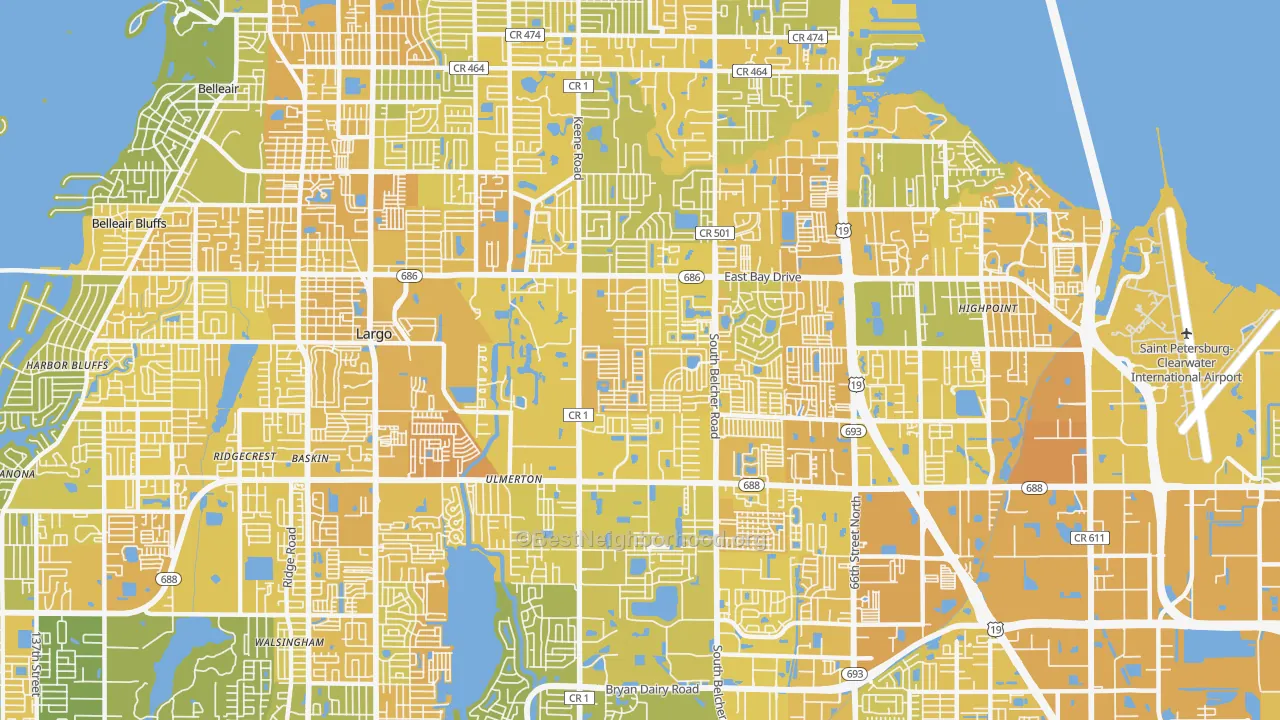 Map of the best neighborhoods in the 33771 area, with better matches in green and worse matches in red