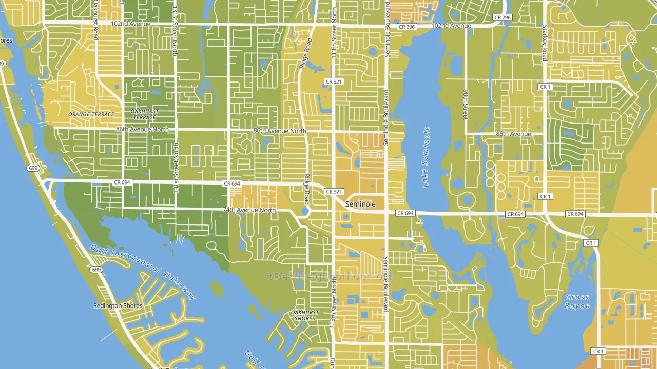 Map of the best neighborhoods in the 33772 area, with better matches in green and worse matches in red