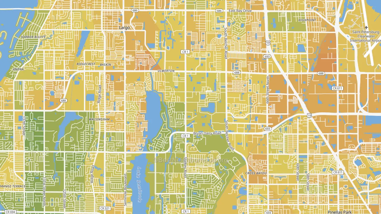 Map of the best neighborhoods in the 33773 area, with better matches in green and worse matches in red