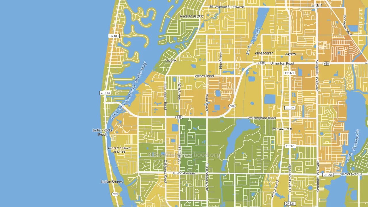 Map of the best neighborhoods in the 33774 area, with better matches in green and worse matches in red