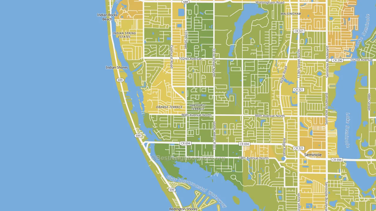 Map of the best neighborhoods in the 33776 area, with better matches in green and worse matches in red