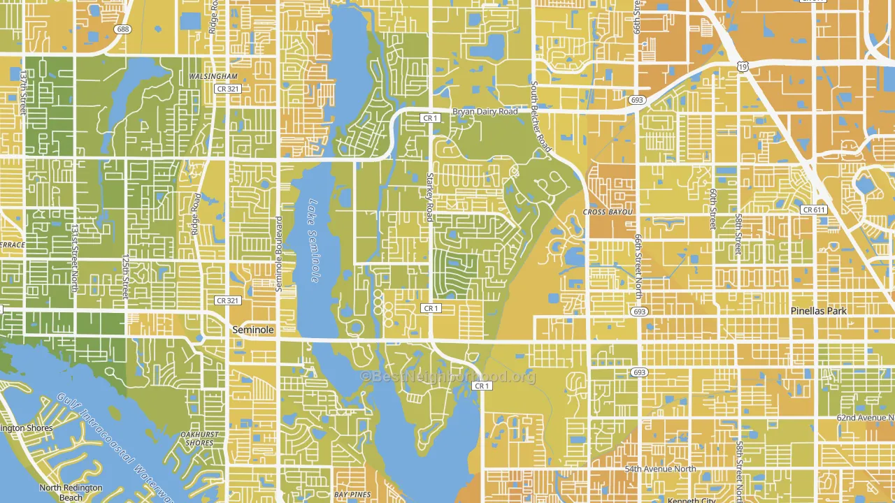 Map of the best neighborhoods in the 33777 area, with better matches in green and worse matches in red