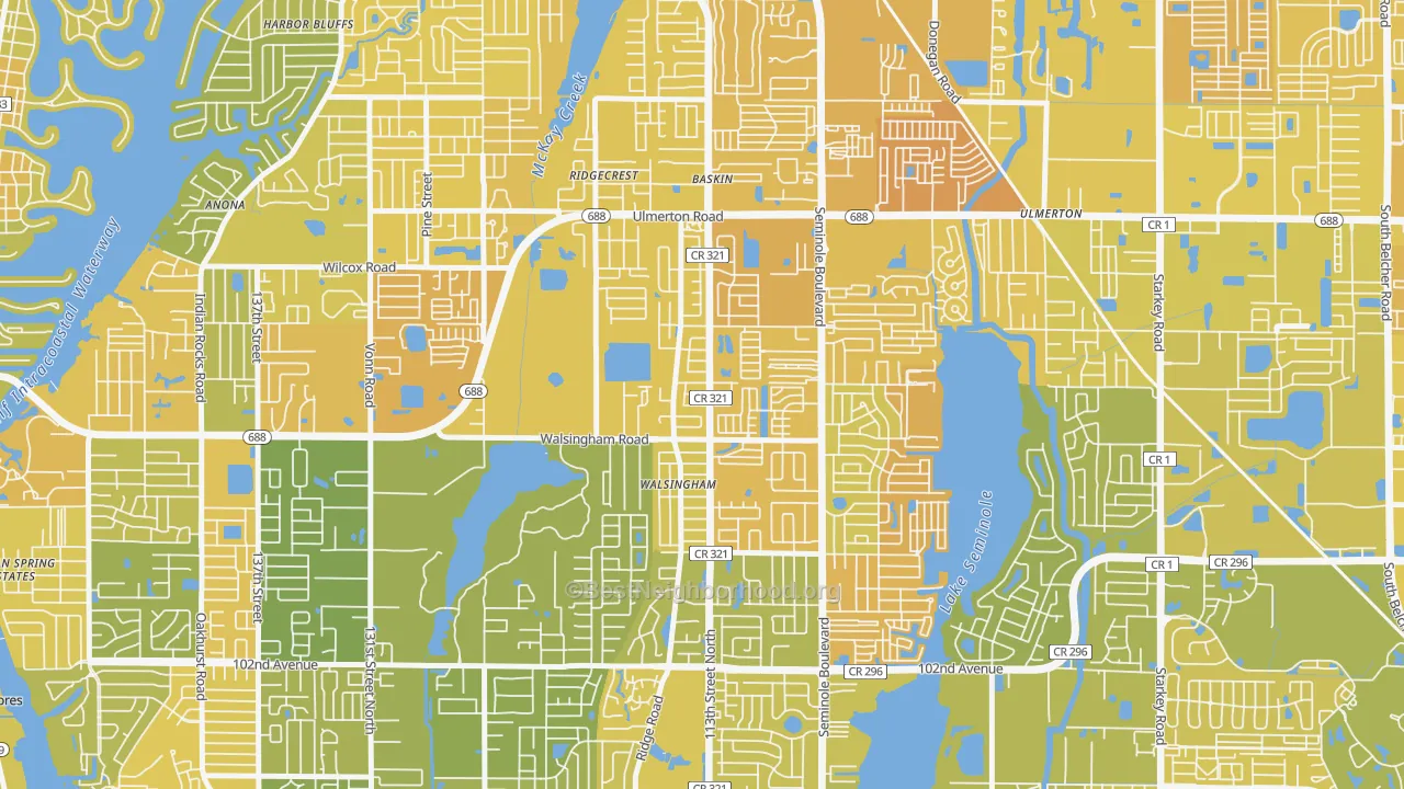 Map of the best neighborhoods in the 33778 area, with better matches in green and worse matches in red