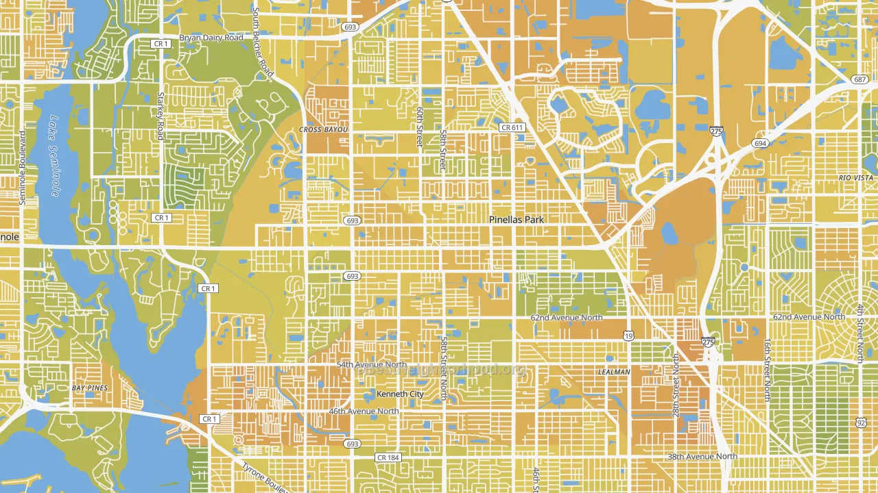 Map of the best neighborhoods in the 33781 area, with better matches in green and worse matches in red