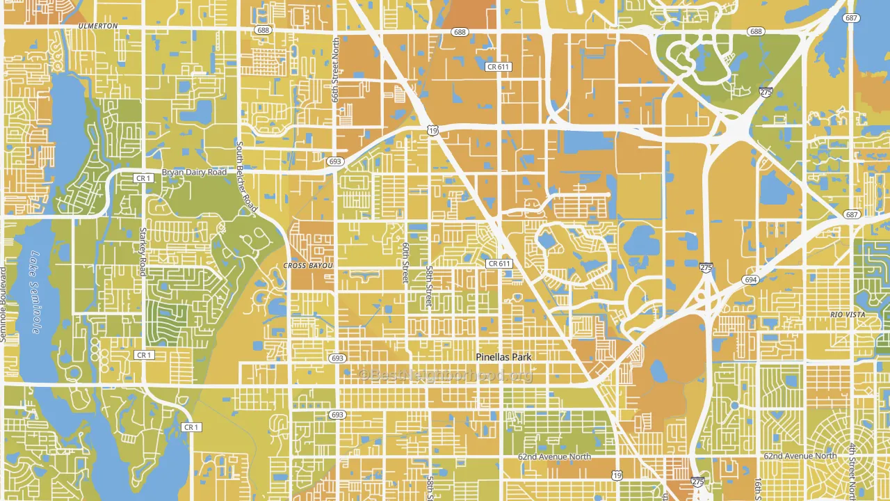Map of the best neighborhoods in the 33782 area, with better matches in green and worse matches in red