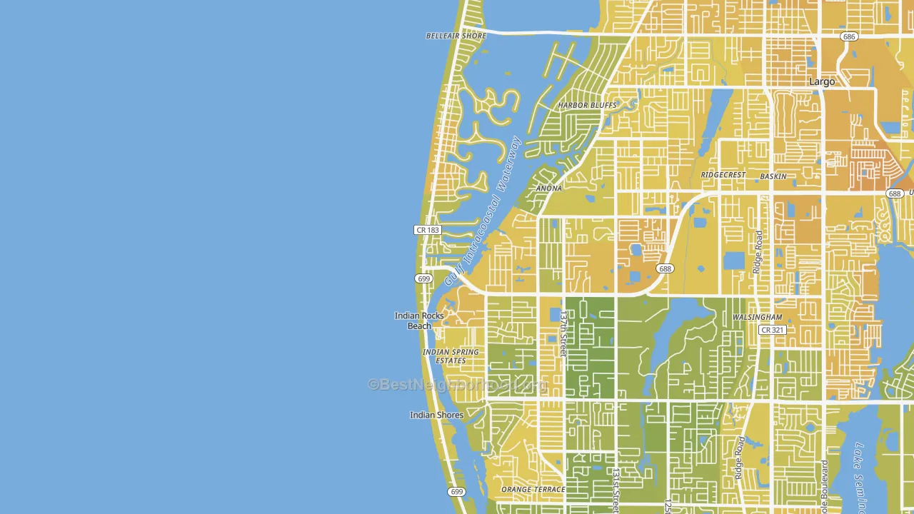 Map of the best neighborhoods in the 33785 area, with better matches in green and worse matches in red