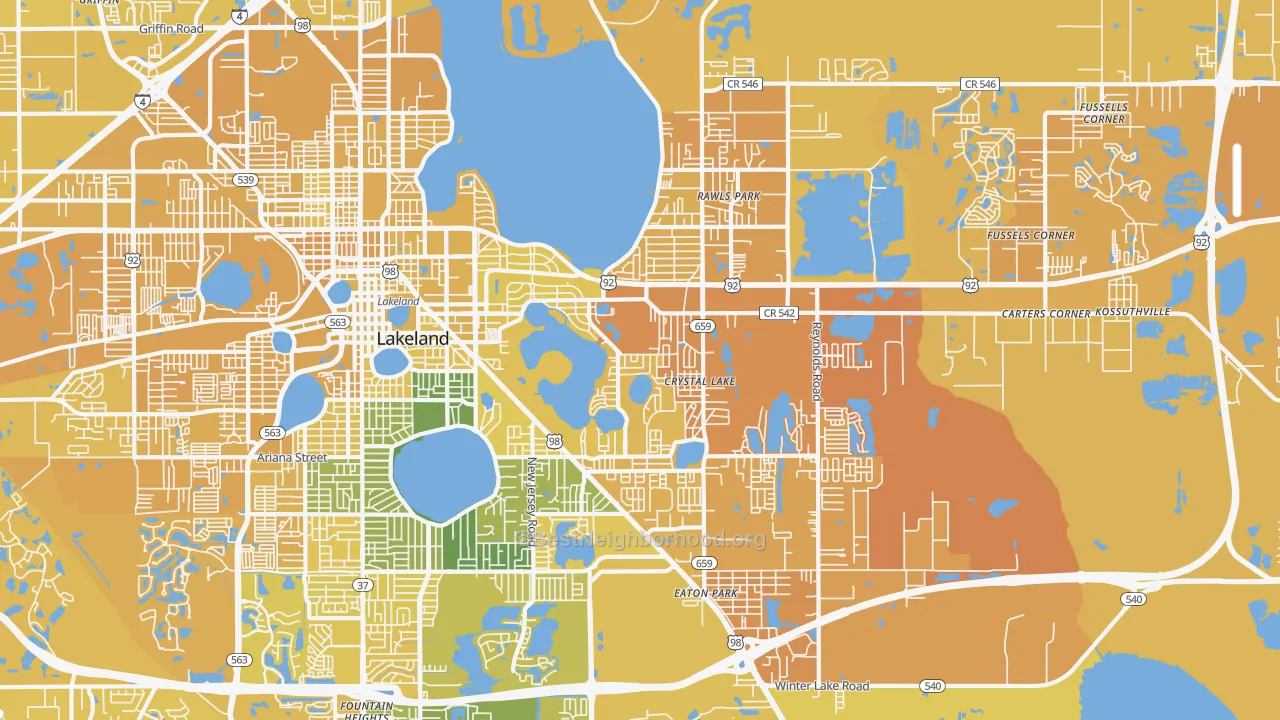 Map of the best neighborhoods in the 33801 area, with better matches in green and worse matches in red