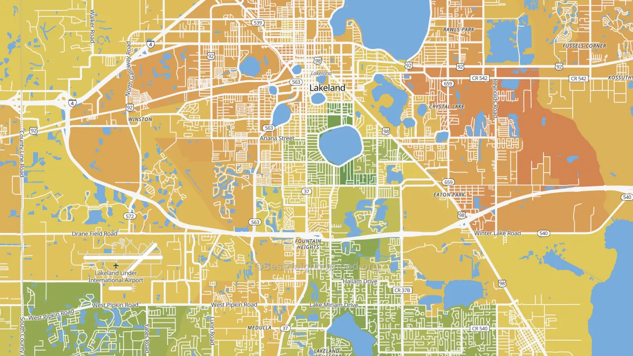 Map of the best neighborhoods in the 33803 area, with better matches in green and worse matches in red