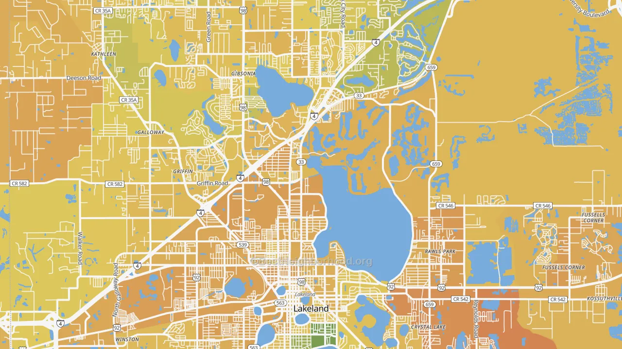 Map of the best neighborhoods in the 33805 area, with better matches in green and worse matches in red