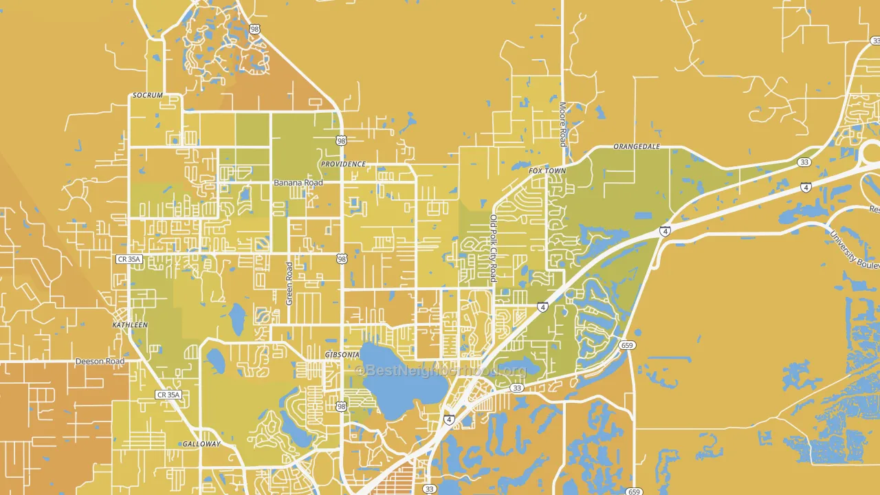 Map of the best neighborhoods in the 33809 area, with better matches in green and worse matches in red