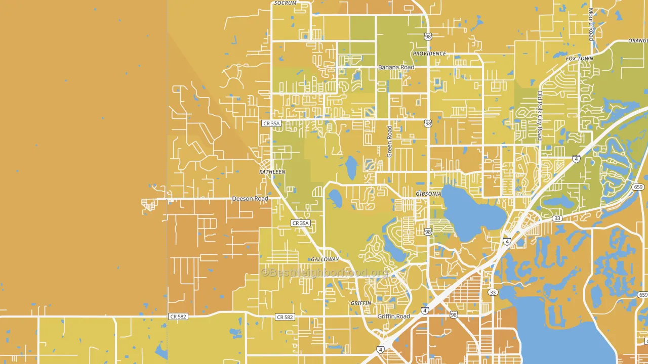 Map of the best neighborhoods in the 33810 area, with better matches in green and worse matches in red