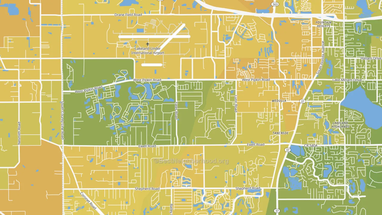 Map of the best neighborhoods in the 33811 area, with better matches in green and worse matches in red