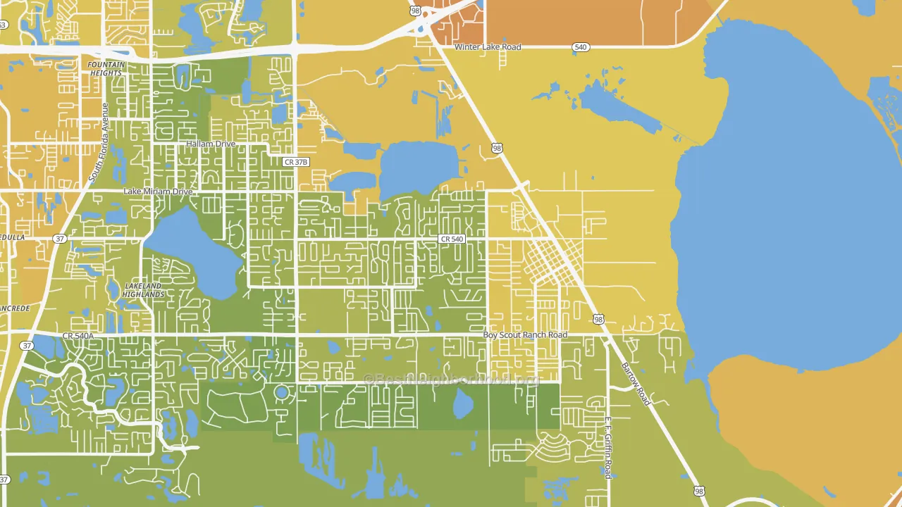 Map of the best neighborhoods in the 33812 area, with better matches in green and worse matches in red