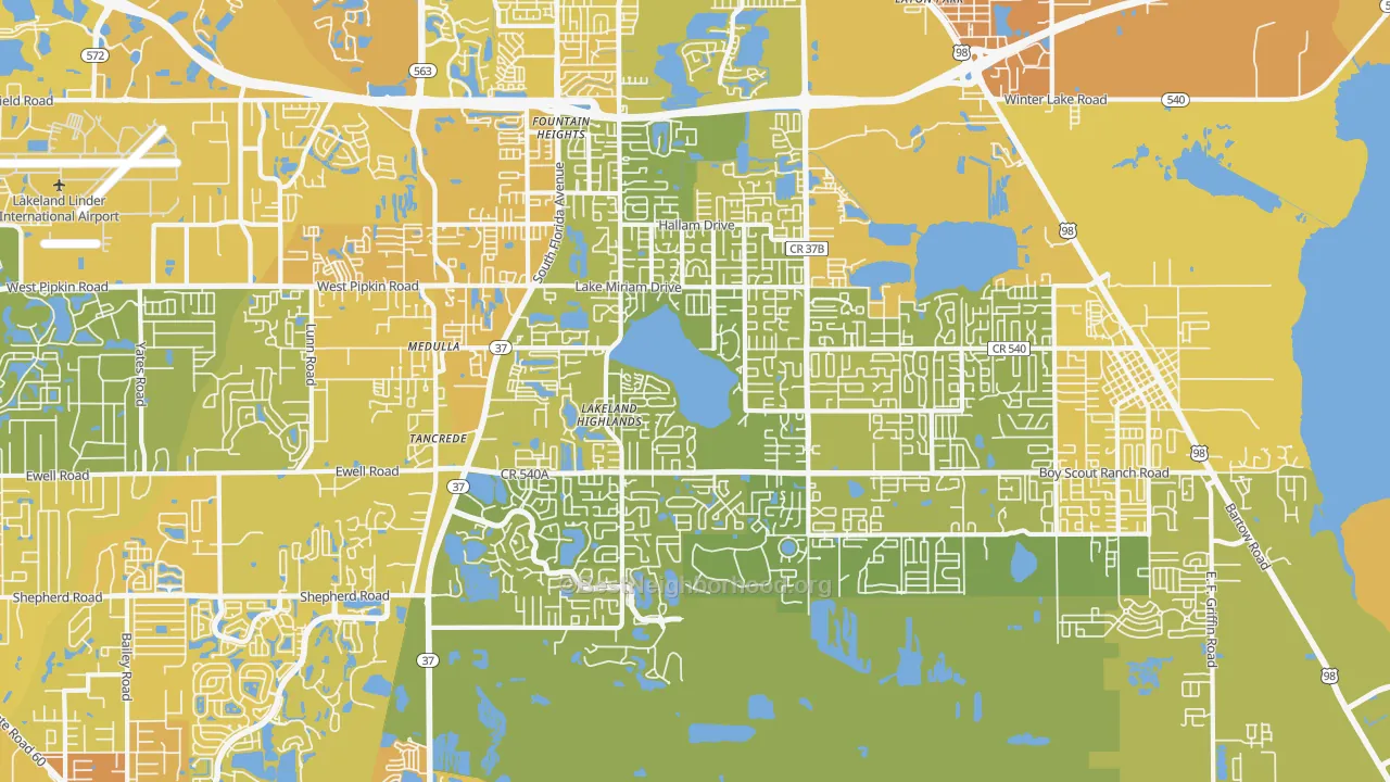 Map of the best neighborhoods in the 33813 area, with better matches in green and worse matches in red