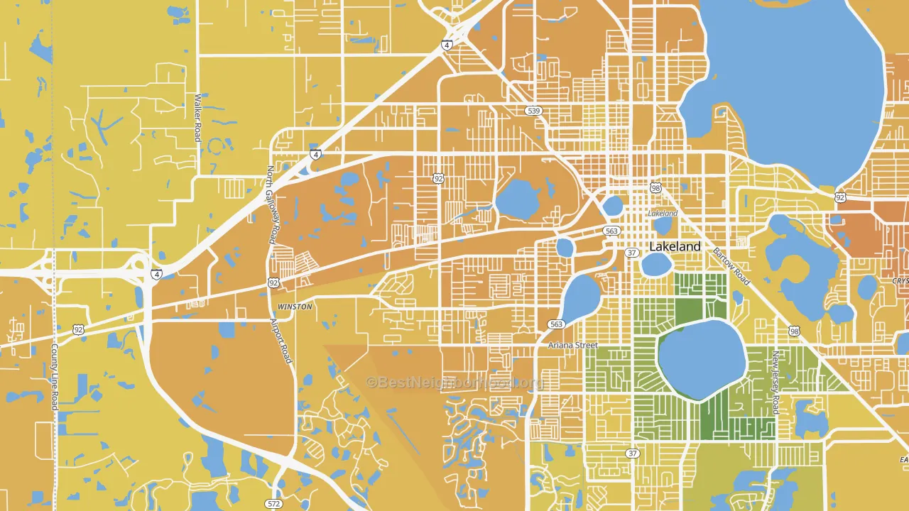 Map of the best neighborhoods in the 33815 area, with better matches in green and worse matches in red