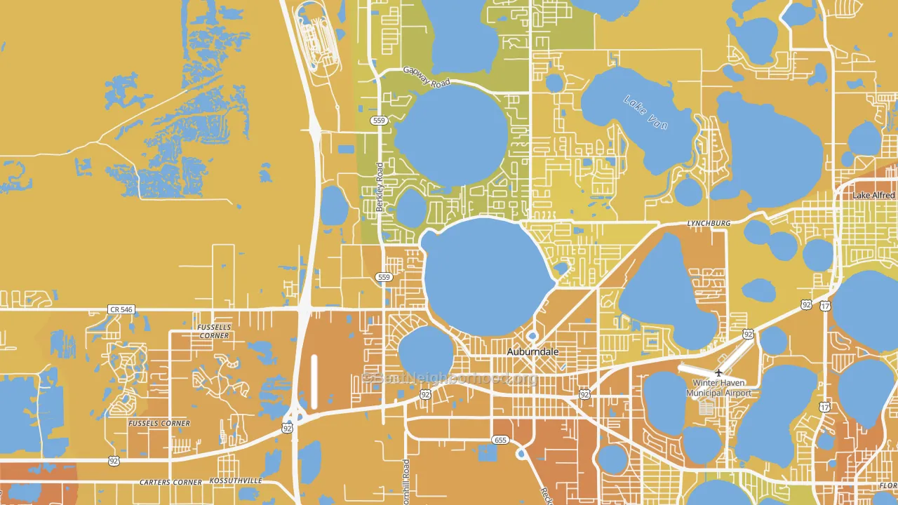 Map of the best neighborhoods in the 33823 area, with better matches in green and worse matches in red