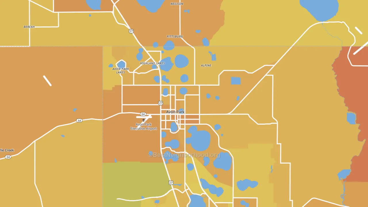 Map of the best neighborhoods in the 33825 area, with better matches in green and worse matches in red