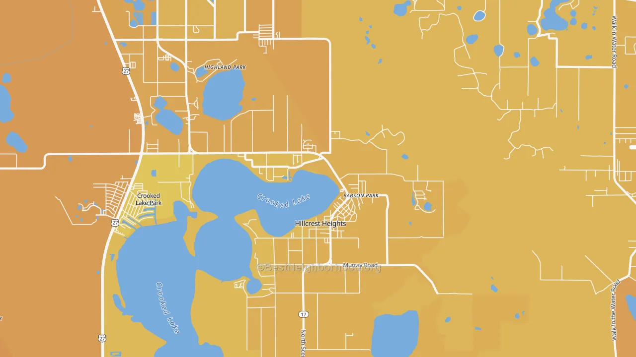Map of the best neighborhoods in the 33827 area, with better matches in green and worse matches in red