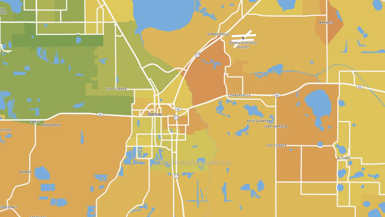 Map of the best neighborhoods in the 33830 area, with better matches in green and worse matches in red