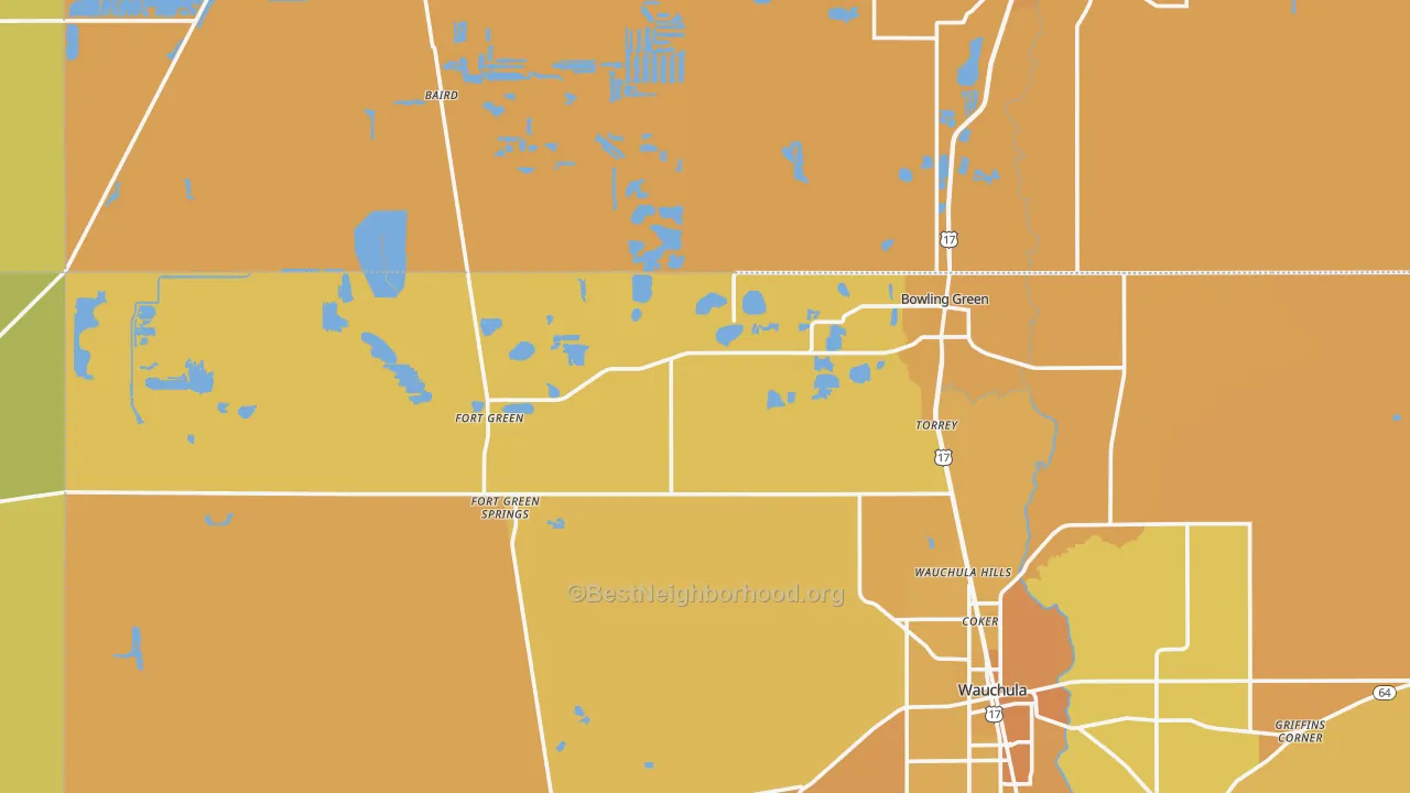 Map of the best neighborhoods in the 33834 area, with better matches in green and worse matches in red