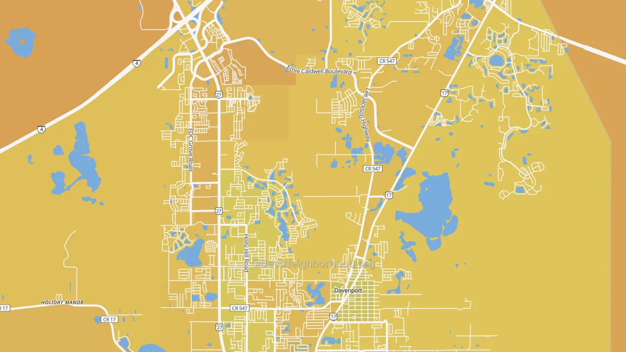Map of the best neighborhoods in the 33837 area, with better matches in green and worse matches in red