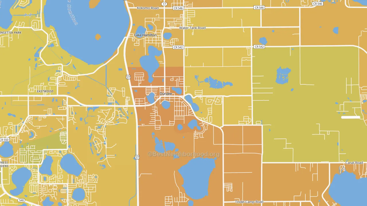 Map of the best neighborhoods in the 33838 area, with better matches in green and worse matches in red