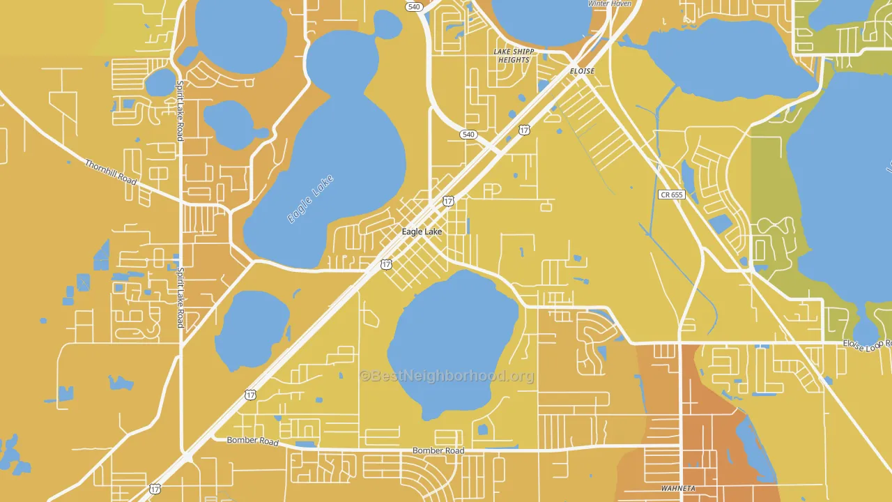 Map of the best neighborhoods in the 33839 area, with better matches in green and worse matches in red