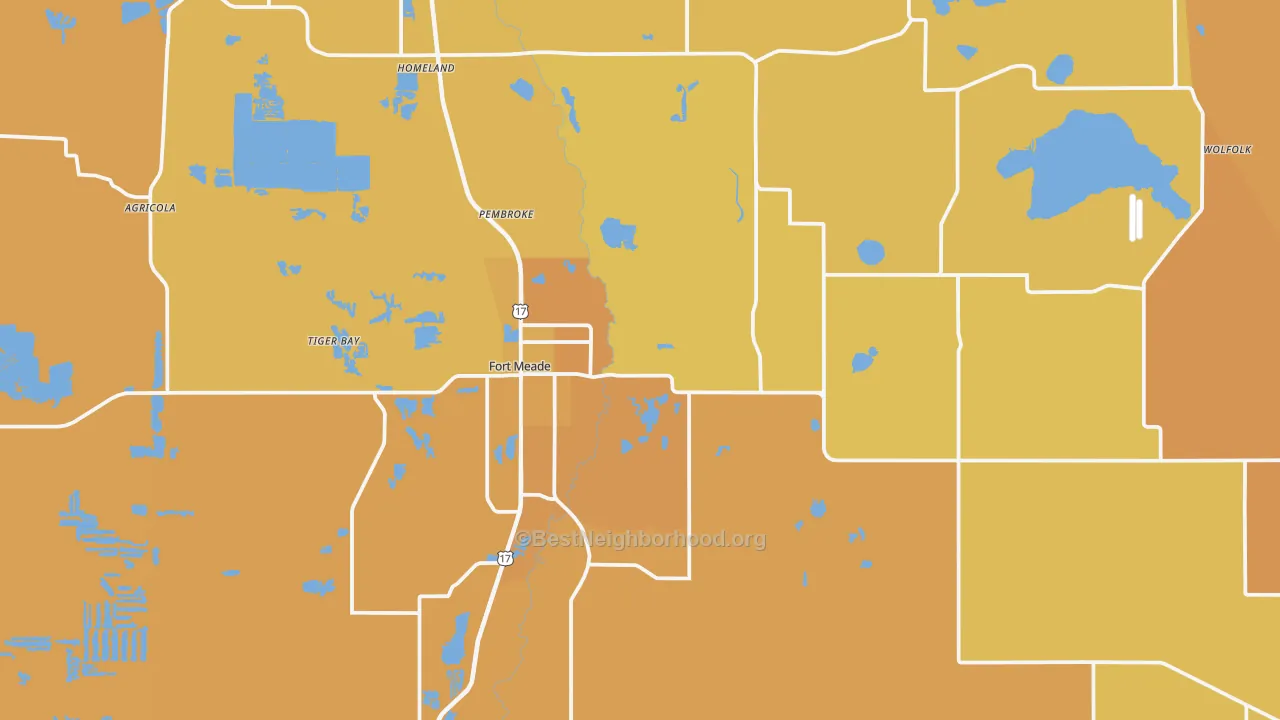 Map of the best neighborhoods in the 33841 area, with better matches in green and worse matches in red