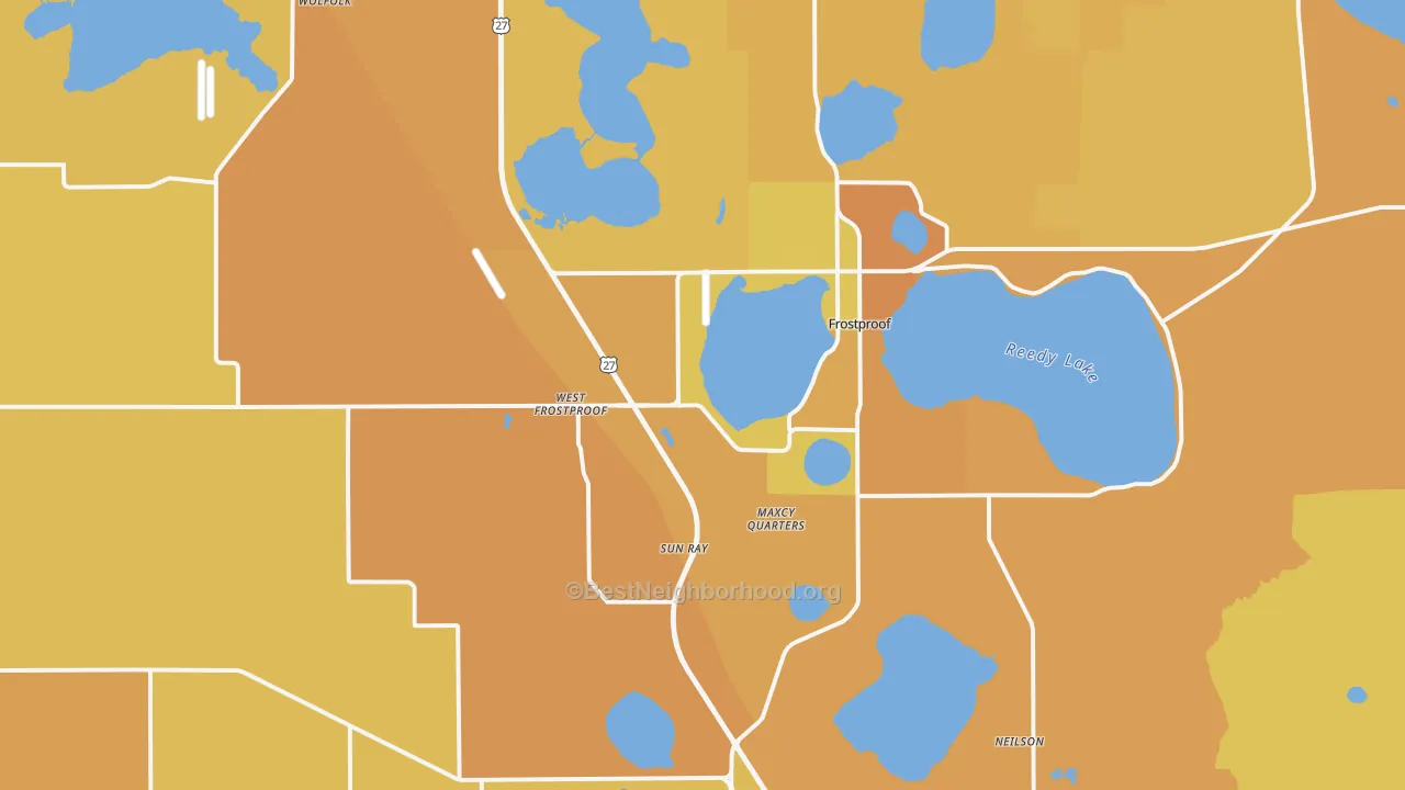 Map of the best neighborhoods in the 33843 area, with better matches in green and worse matches in red