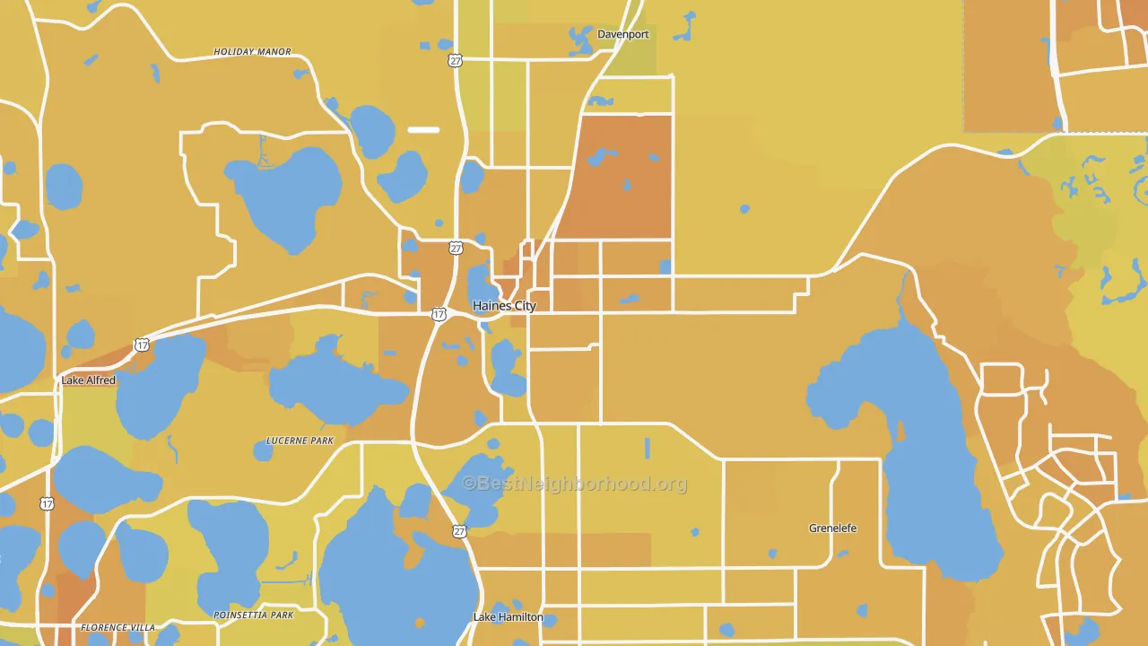 Map of the best neighborhoods in the 33844 area, with better matches in green and worse matches in red