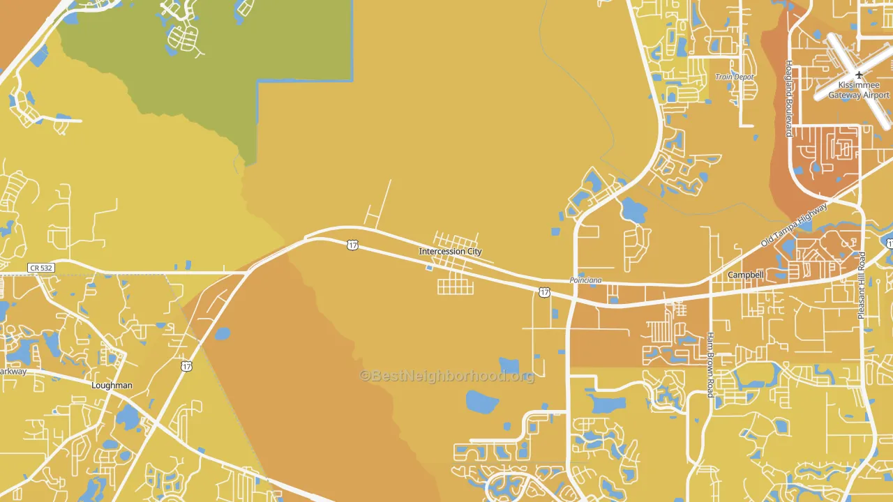 Map of the best neighborhoods in the 33848 area, with better matches in green and worse matches in red