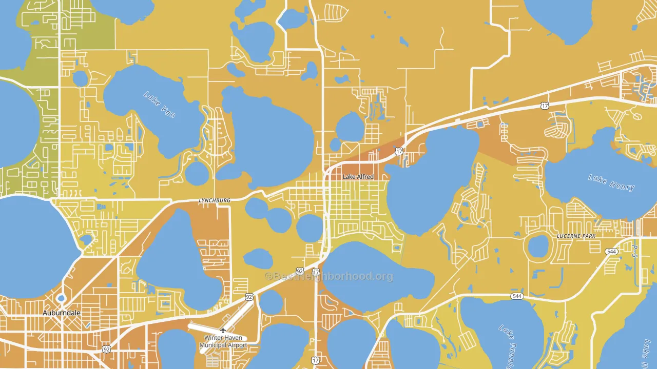 Map of the best neighborhoods in the 33850 area, with better matches in green and worse matches in red