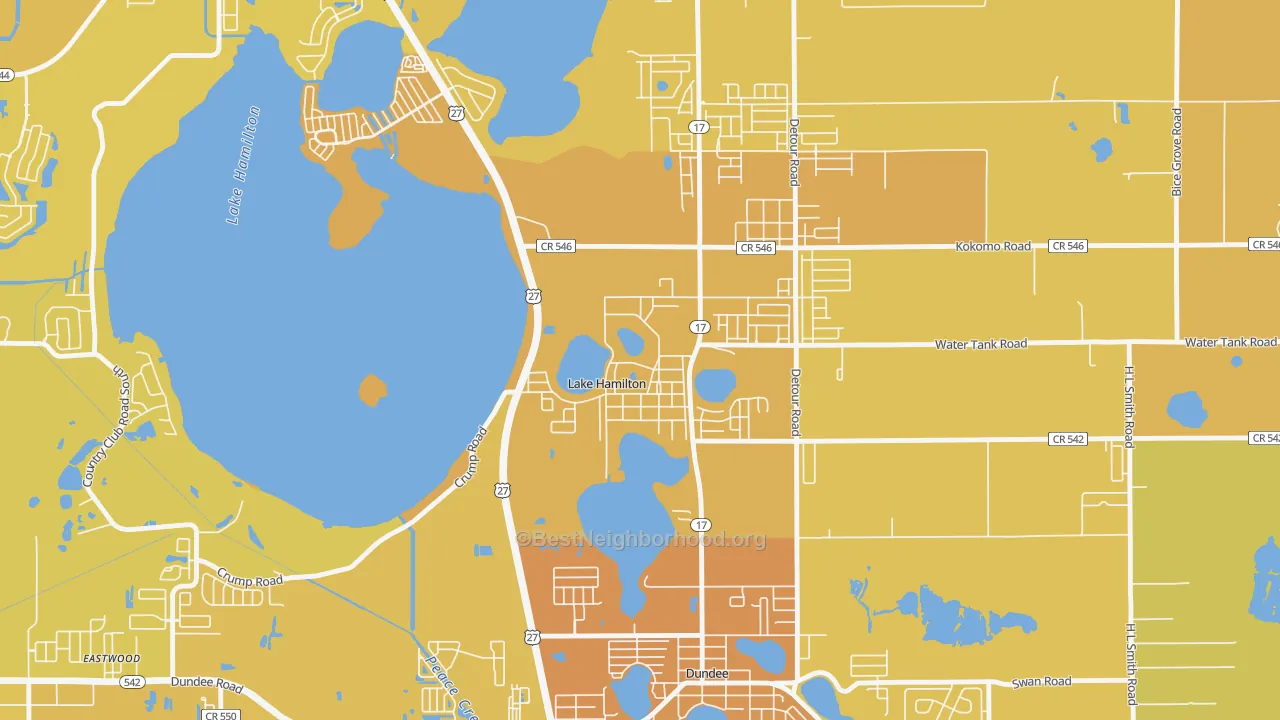 Map of the best neighborhoods in the 33851 area, with better matches in green and worse matches in red