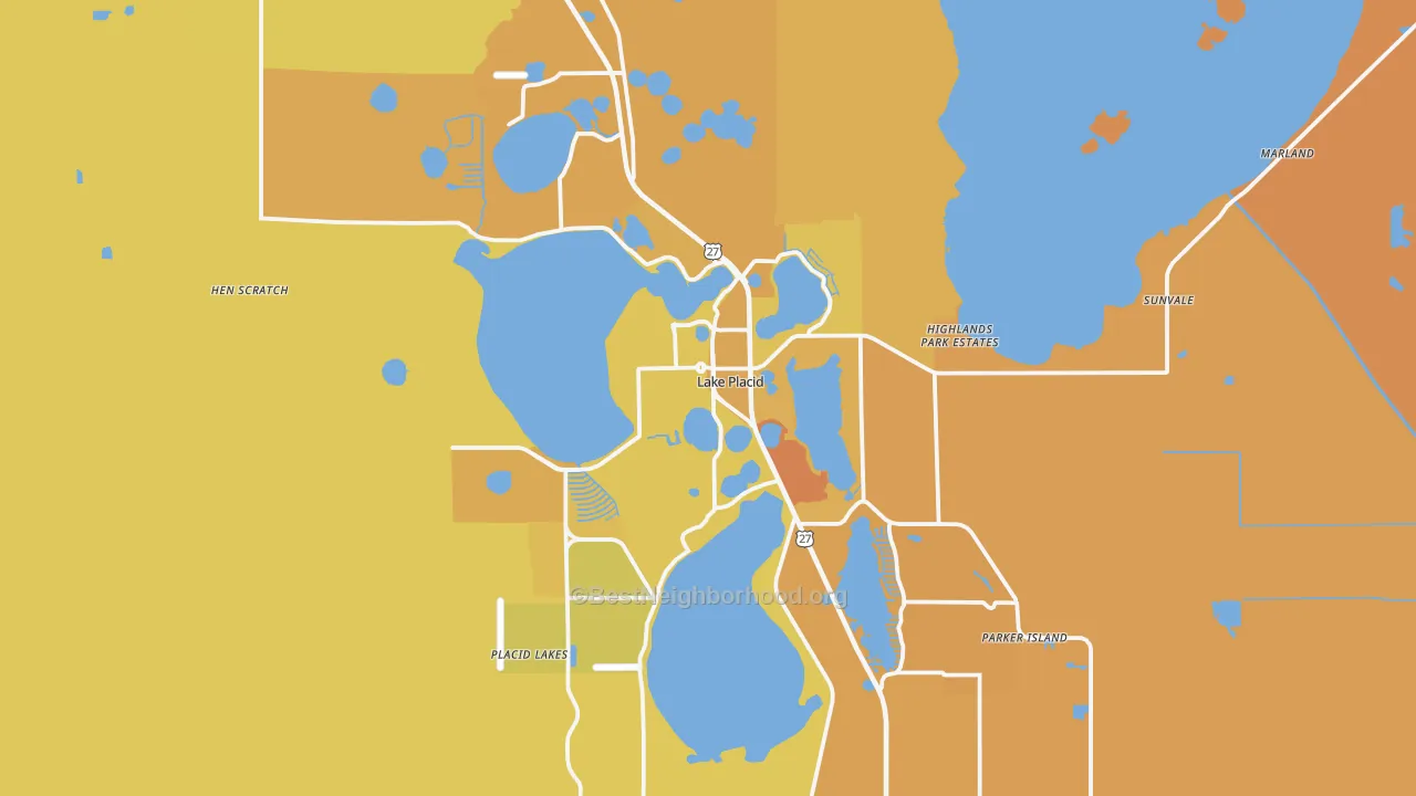 Map of the best neighborhoods in the 33852 area, with better matches in green and worse matches in red