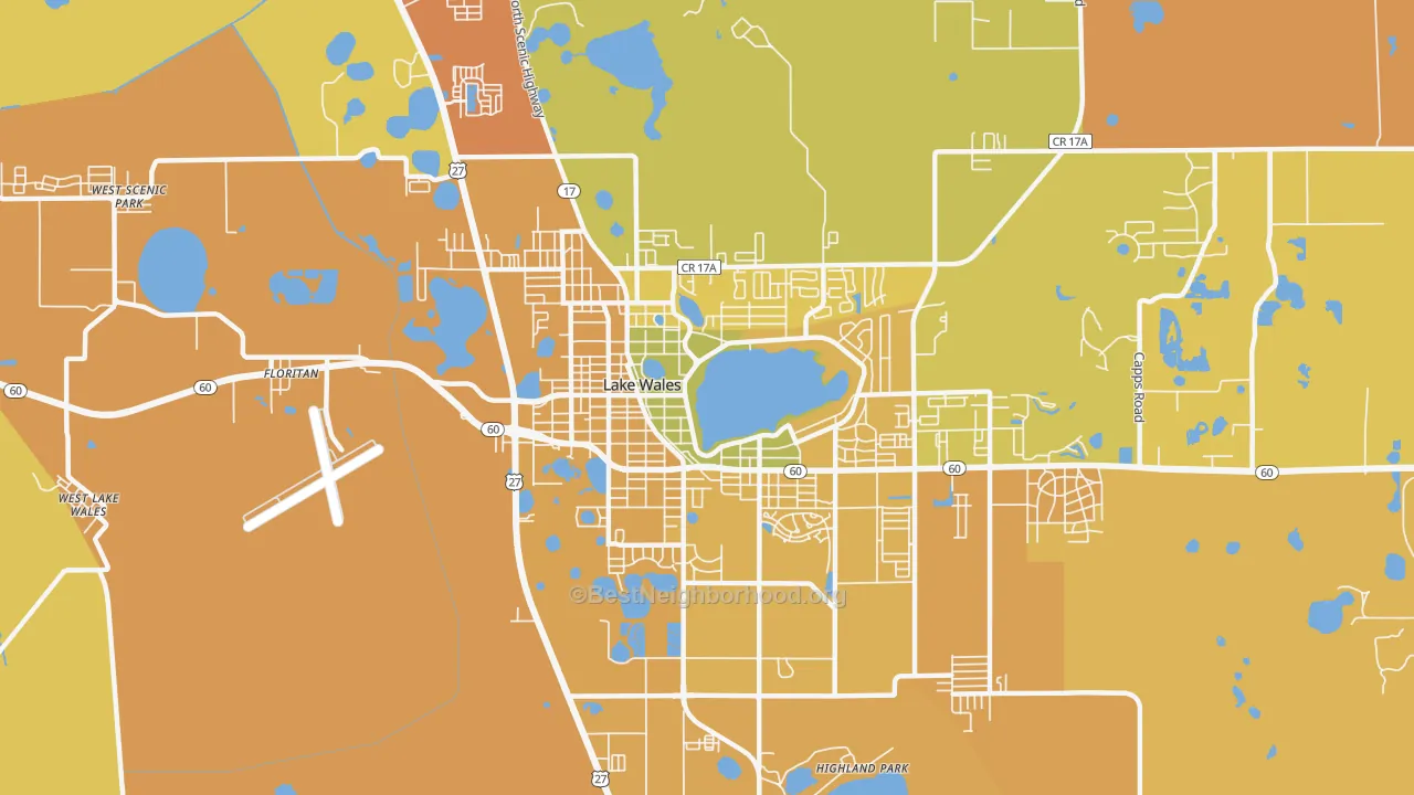 Map of the best neighborhoods in the 33853 area, with better matches in green and worse matches in red